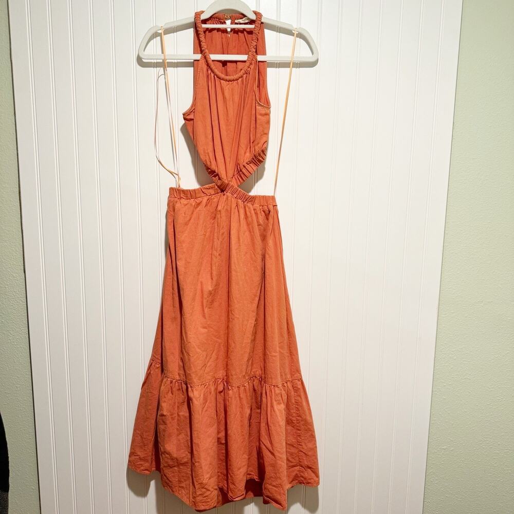 By The River Orange Cotton Midi Dress Waist Cutout Summery Resort Size Small